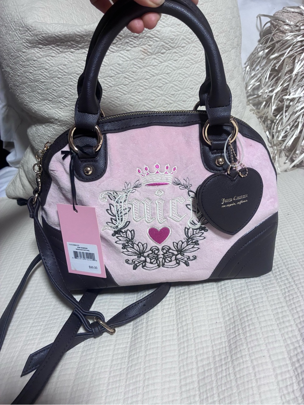 Juicy Couture Pink Canvas Satchel with Dark Brown Trim Charm new with tag